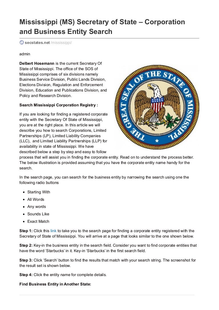 Mississippi (MS) Secretary of State – Corporation and Business Entity…