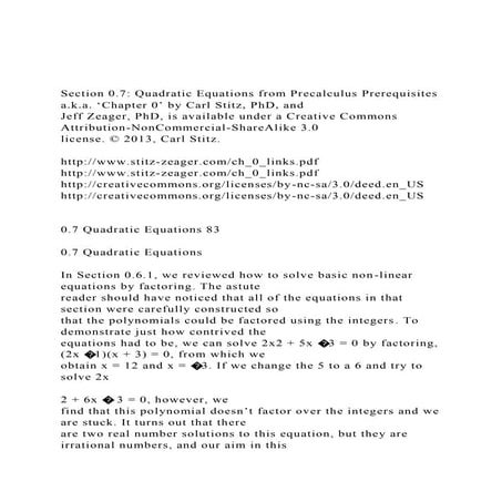 Section 0.7 Quadratic Equations from Precalculus Prerequisite.docx