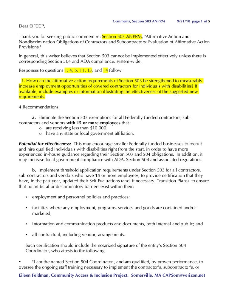 Section 503 regulations comments to ofccp