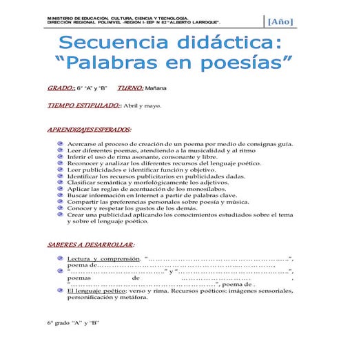 Secuencia didáctica "palabras-en-poesías" 6 grado
