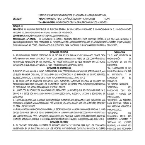 Secuencia didáctica relacionada a la salud alimentaria