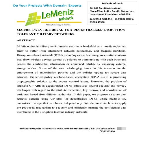 Secure data retrieval for decentralized disruption tolerant military networks