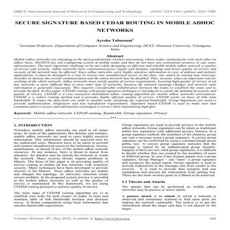 Secure signature based cedar routing in mobile adhoc networks