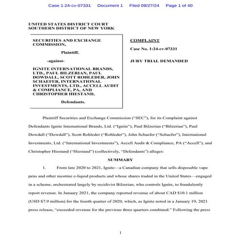 SEC vs Ignite Brands Bilzerian complaint