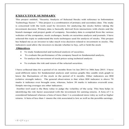 Security analysis of selected stocks with referance to information technology...
