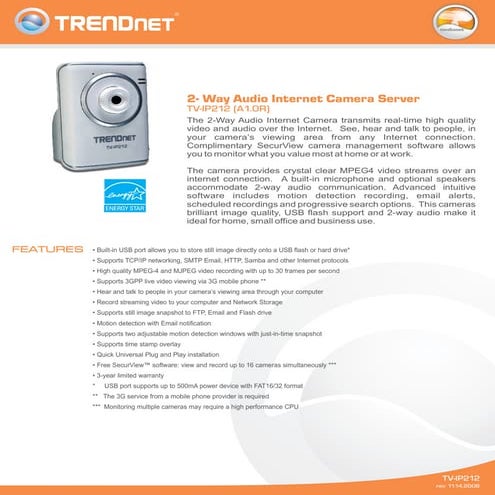 Secur view internet camera with 2 way audio