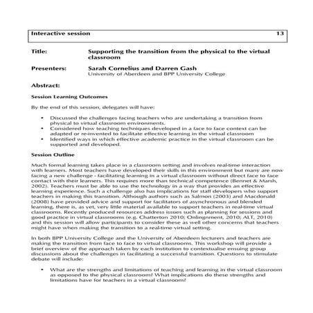 SEDA 2011 Workshop, Supporting the Transition from the Physical to the Virtual Classroom