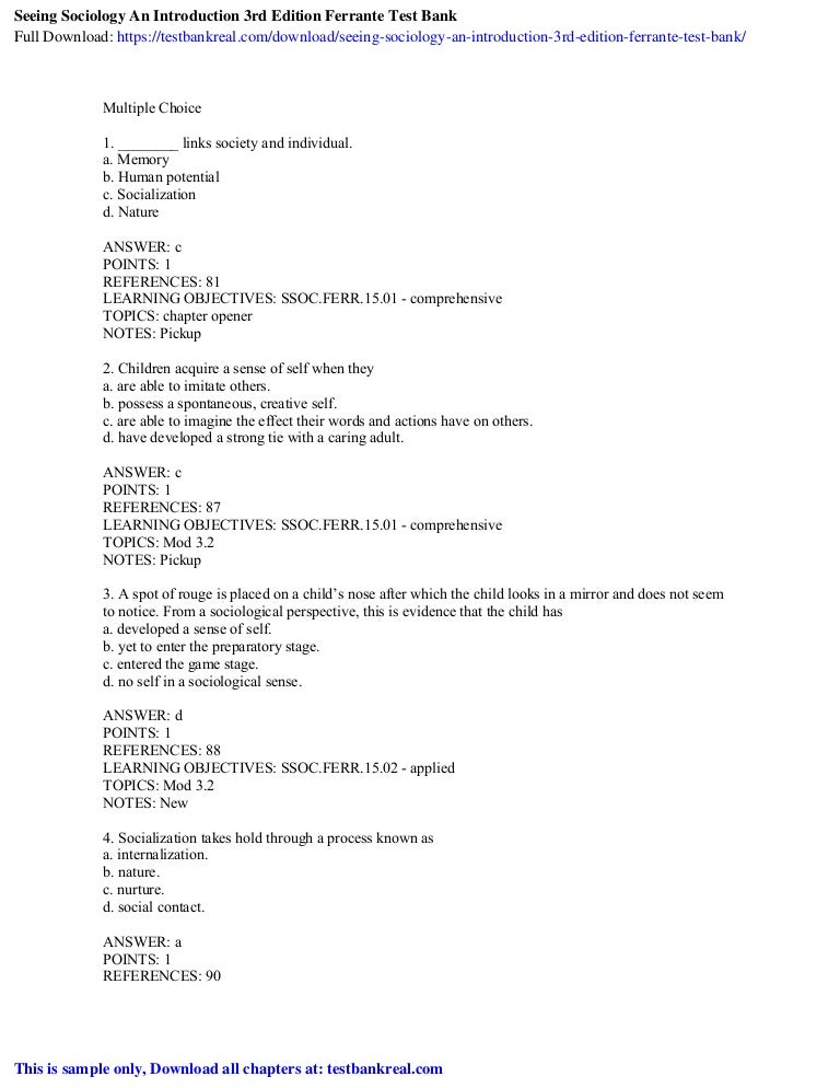 Seeing Sociology An Introduction 3rd Edition Ferrante Test Bank