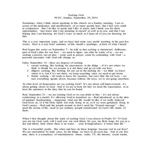 Seeking God   notes - 9-29-14