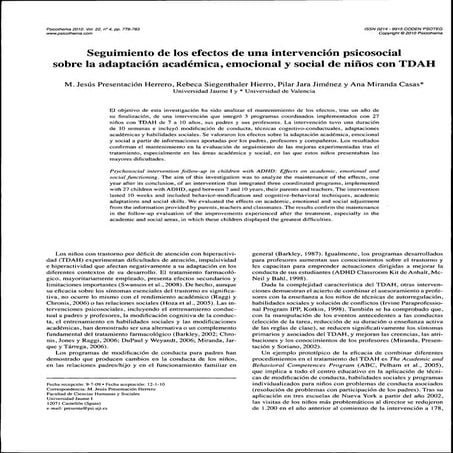 Seguimiento de los efectos de una intervención psicosocial sobre la adaptació...