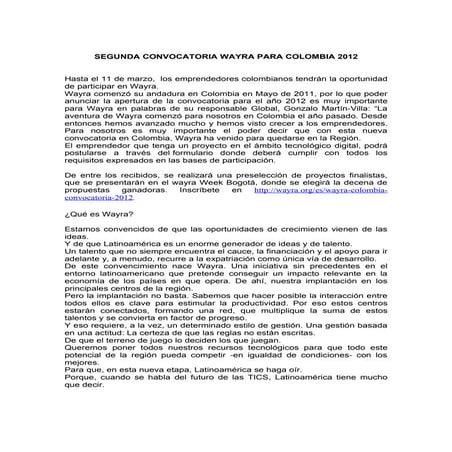 Segunda convocatoria wayra para colombia 2012