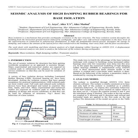Seismic analysis of high damping rubber bearings for base isolation