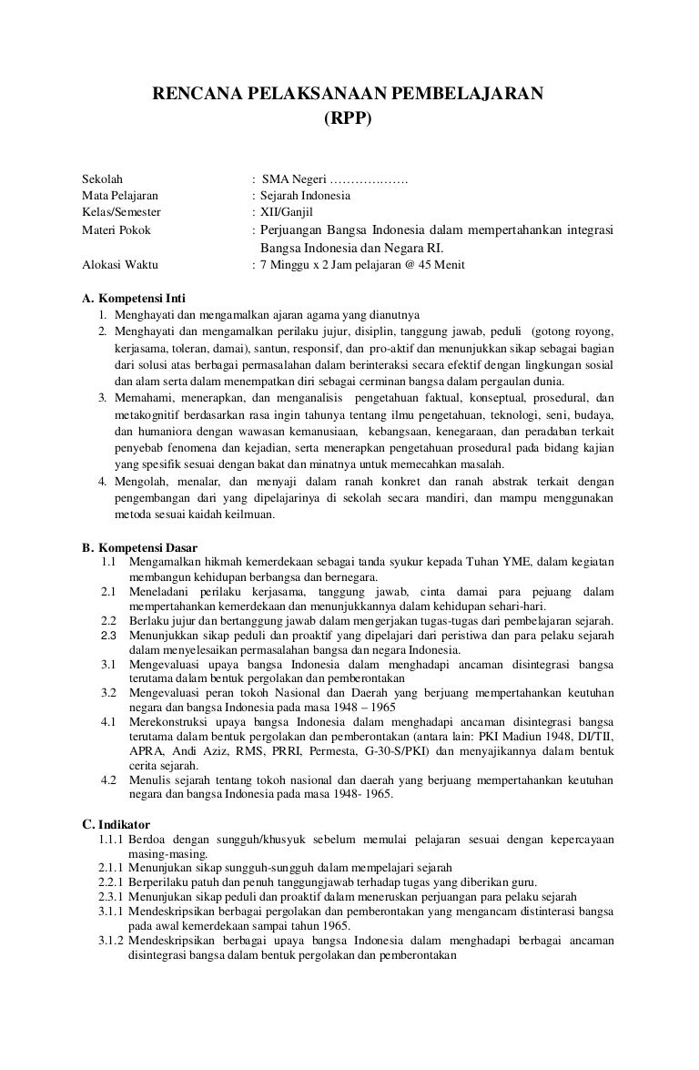 Rpp Sma Sejarah Indonesia Kelas Xii