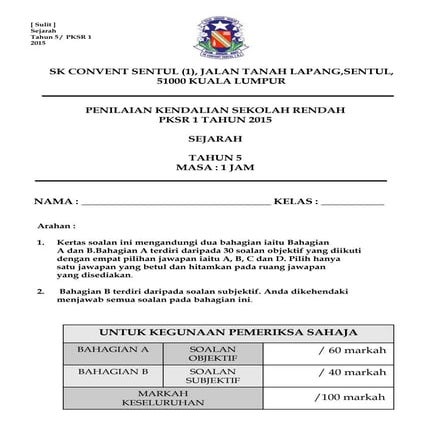 Soalan Sejarah Tahun 5 PKSR 1