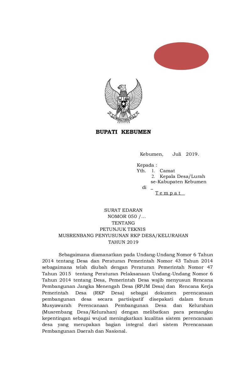 Surat Edaran Musrebang Rkp Desa 2020