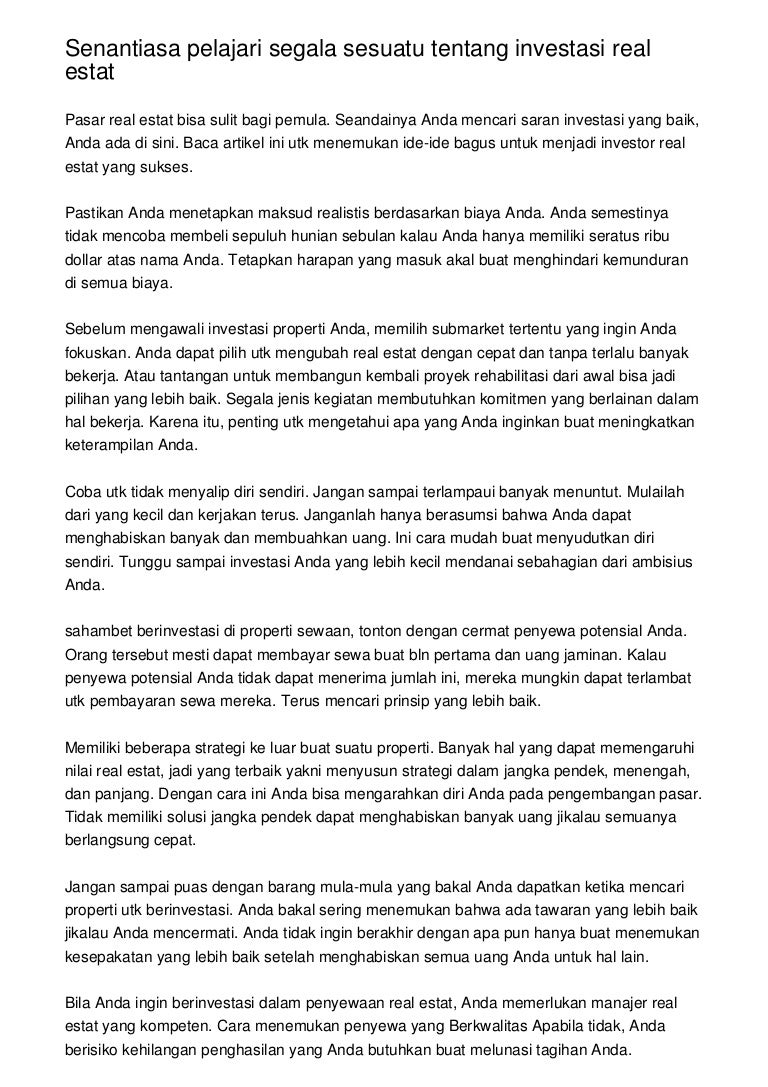 Senantiasa Pelajari Segala Sesuatu Tentang Investasi Real Estat