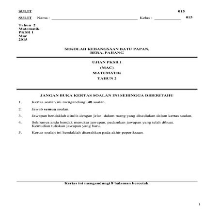 Selaras 1 matematik tahun 2 2015
