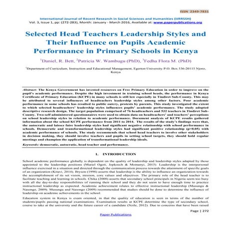 Selected Head Teachers Leadership Styles and Their Influence on Pupils Academ...