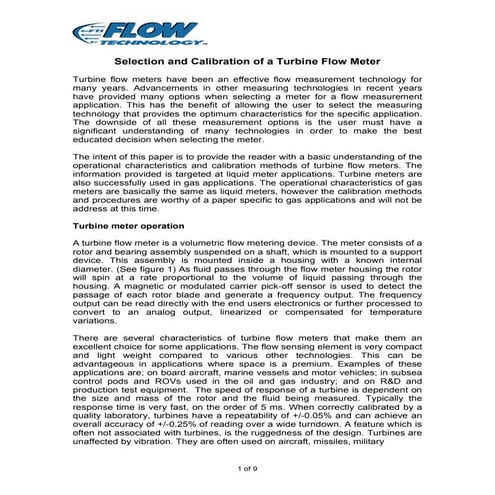 Selection and Calibration of a Turbine Flow Meter