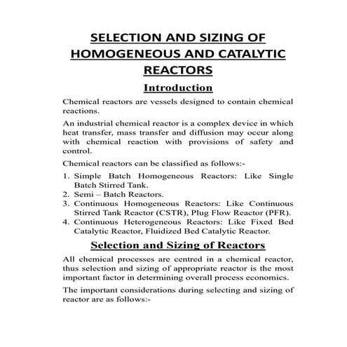 Selection and sizing of homogeneous and catalytic reactors