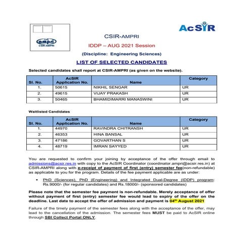 Selection list ampri iddp-final to upload, Vijay Prakash, Student council representative got offer score AIR 02.