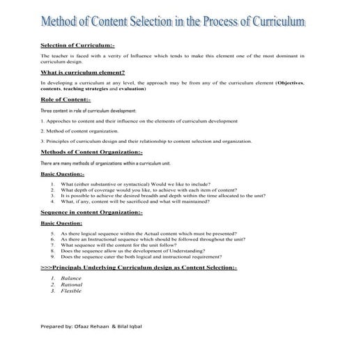 Selection of curriculum | PDF