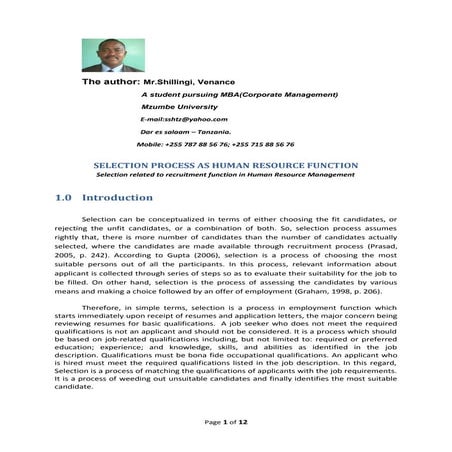 Selection process as a human resource function