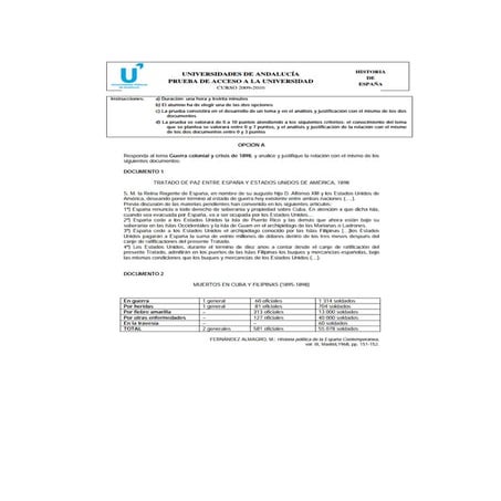 Prueba de selectividad sobre la Guerra colonial y la Crisis de 1898