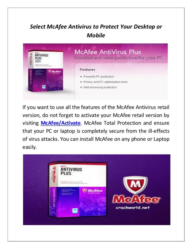 Select mc afee antivirus to protect your desktop or mobile