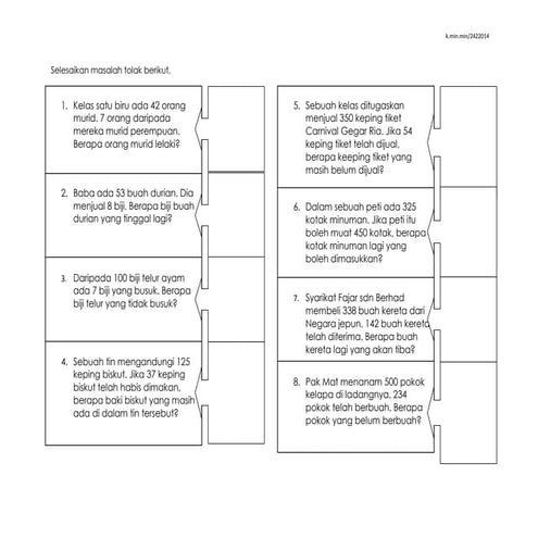 Selesaikan masalah tolak berikut ( KSSR THN 2 & 3 )