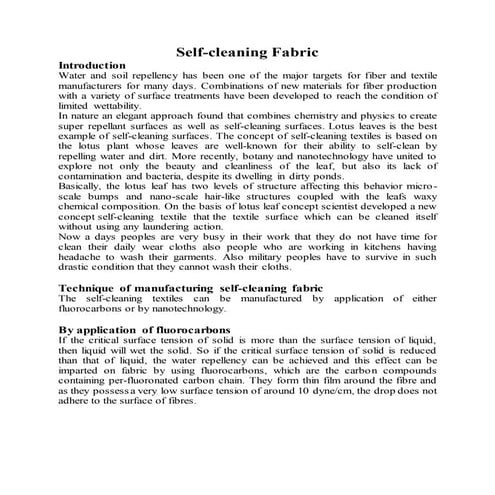 Self cleaning fabric (nano-technology)