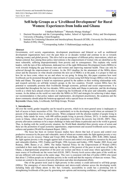 Self help groups as a ‘livelihood development’ for rural women-experiences from india and ghana