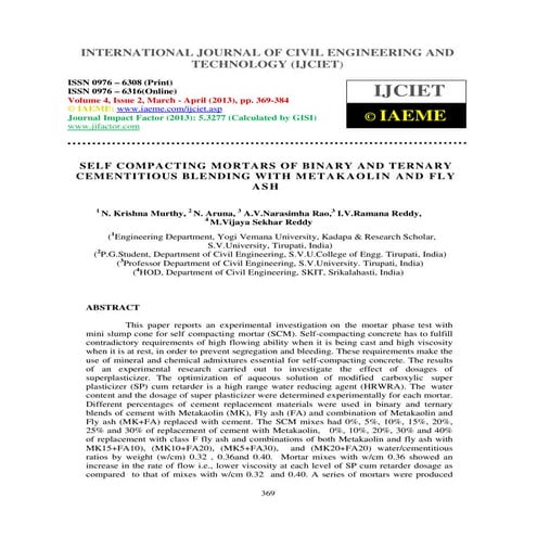 Self compacting mortars of binary and ternary cementitious blending