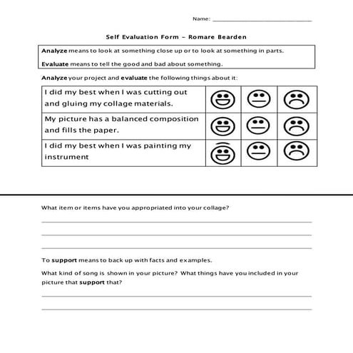 Self evaluation form romare bearden