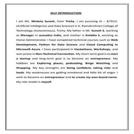 Mirdula Suresh (AD21028) Self-Introduction