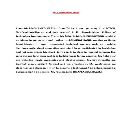 SELF INTRODUCTION about S.MOHAMED FAIZUL