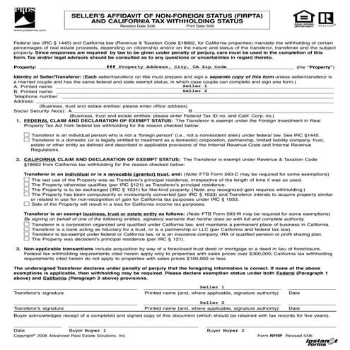 Sellers affidavit of non foreign status (firpta) (rfrp)