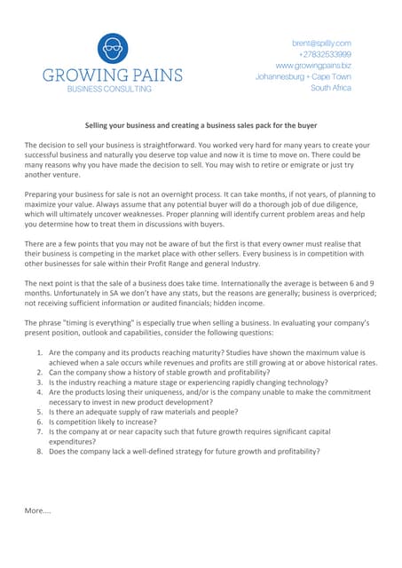 Selling your business and creating a business sales pack for the buyer
