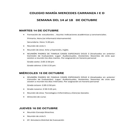 Seman del 14 al 18 de octubre jornada tarde