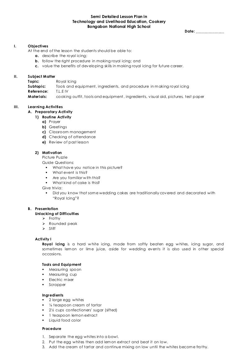 Semi Detailed Lesson Plan in T.L.E, Cookery