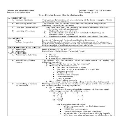 Comprehensive Lesson Plan on Limits and Continuity in Mathematics | DOCX