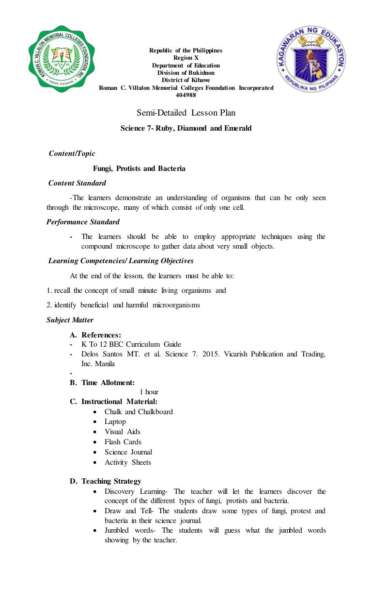 Sample Semi detailed Lesson Plan For Grade 7 Science Prepared By E Sample Semi detailed Lesson Plan For Grade 7 Science Prepared By E