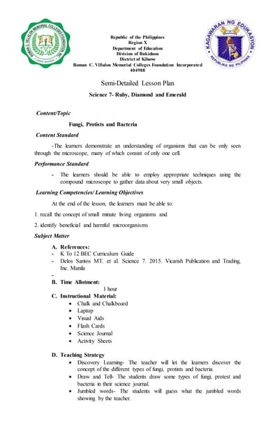 Sample Semi-detailed Lesson Plan for Grade 7 Science, Prepared  by: Edsyl Ber...