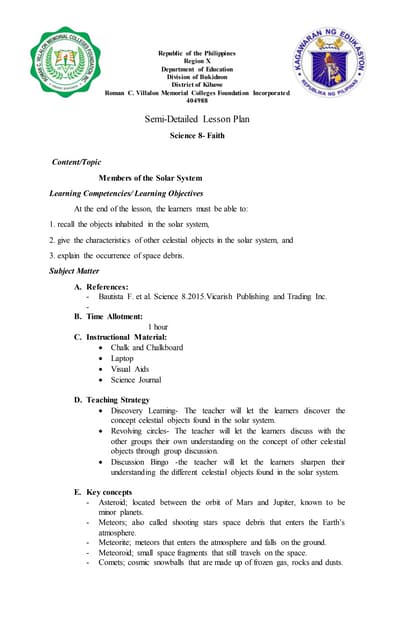Sample Semi-detailed Lesson Plan for Grade 7 Science, Prepared by ...