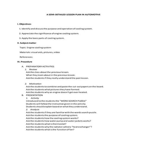 Semi detailed lesson plan in engine cooling system for demo teaching | DOCX
