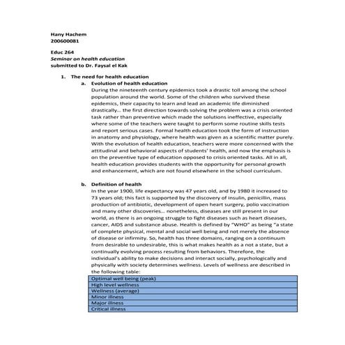 Seminar, Health Education