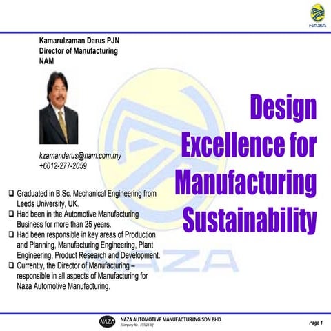 Seminar Presentation   Design Excellence For Manufacturing Sustainability V1