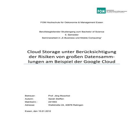 Cloud Storage unter Berücksichtigung der Risiken von großen Datensammlungen a...