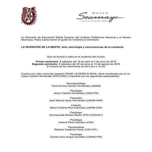 Seminario LA INVENCIÓN DE LA MENTE: Arte, psicología y neurociencias de la conducta