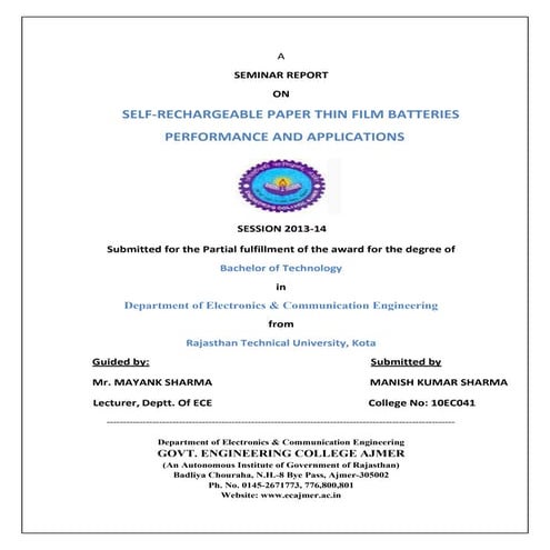 Seminar report on paper battery